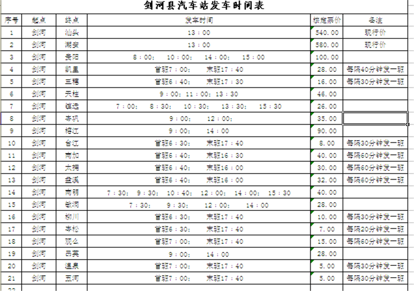 劍河縣汽車站發車時刻表